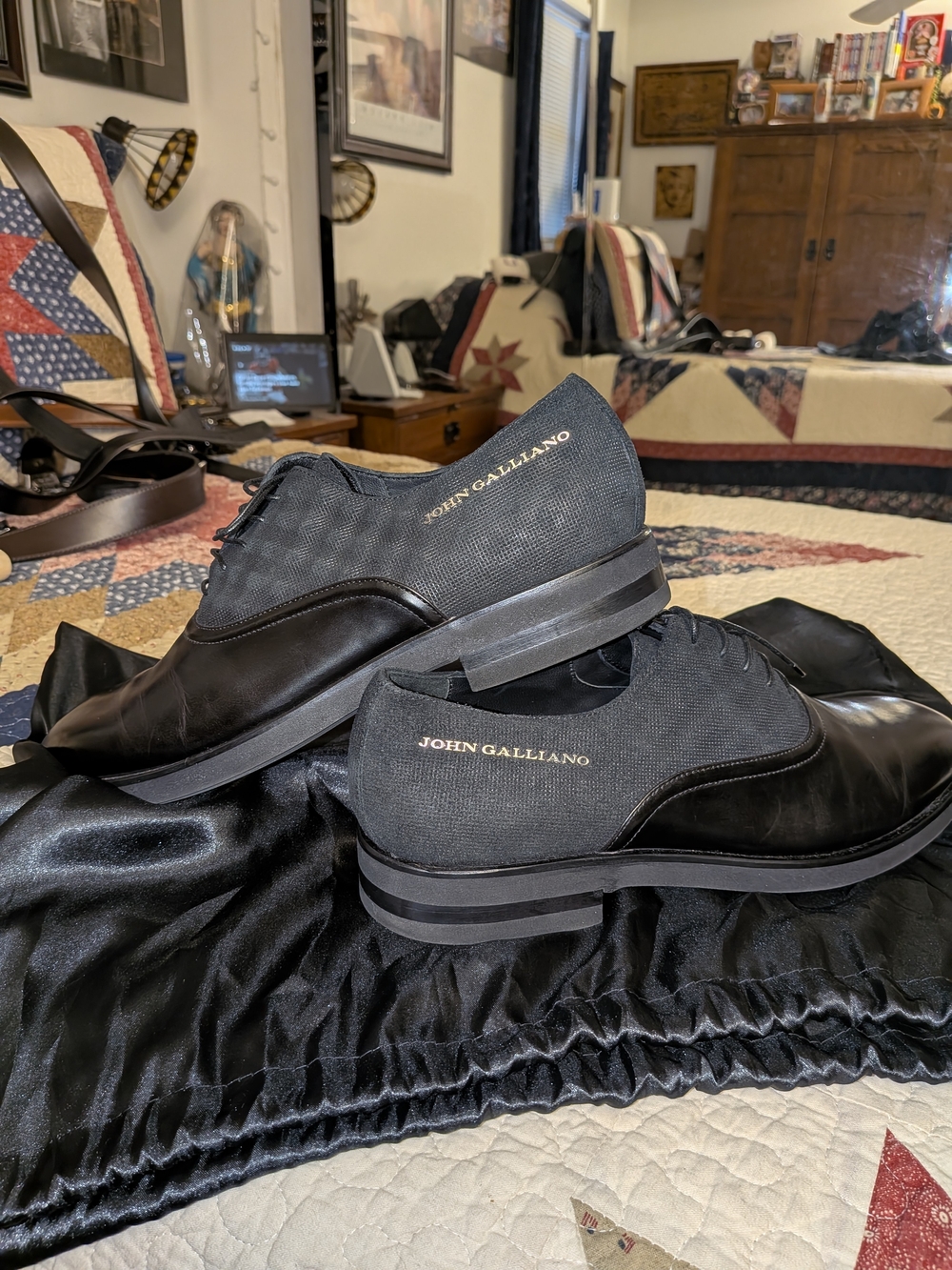 John Galliano Mixed Media Black Leather & Textured Fabric Derby Shoes US 10.5
